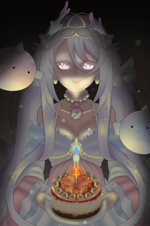 A birthday art of Yue, a drawing of her OC Seira along with her cute companions